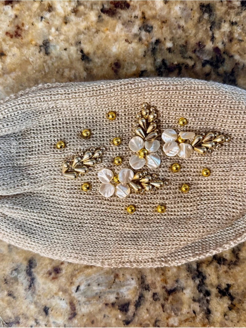 Anthropologie Beaded Knit Turban Headband Ear Warmer - Beige & Gold Boho
